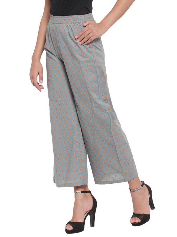 Indibelle Cotton Ethnic Motifs Print Plazzo Pants (Grey)