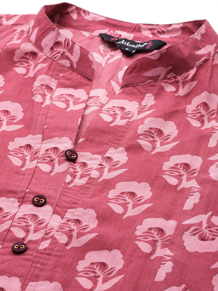 Indibelle Cotton Magenta Floral Print A-Line Kurta 