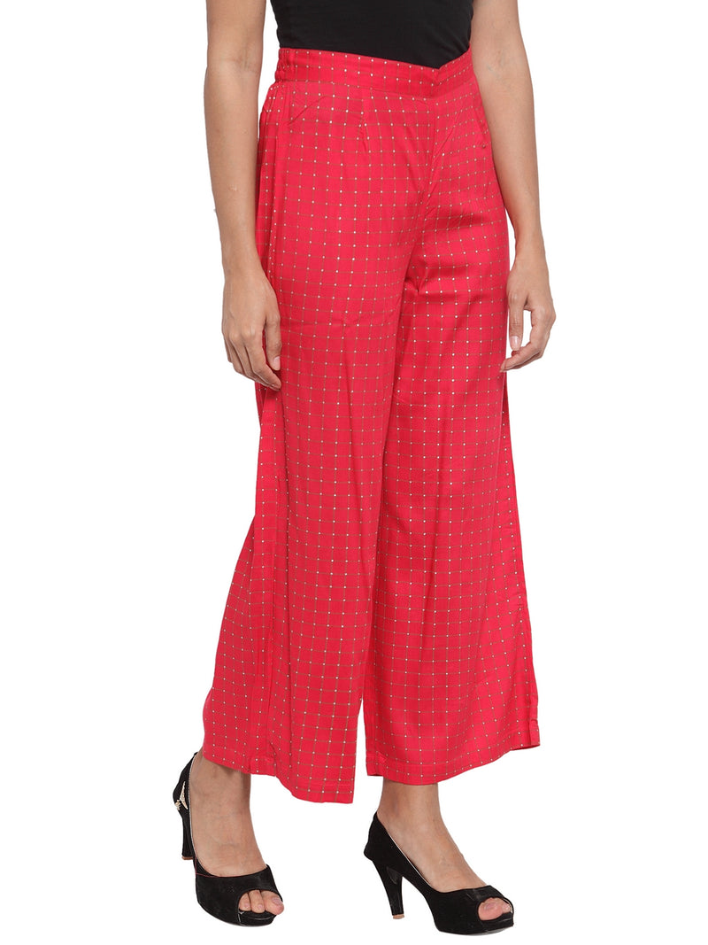 Indibelle Rayon Checked Print Plazzo Pants (Red)