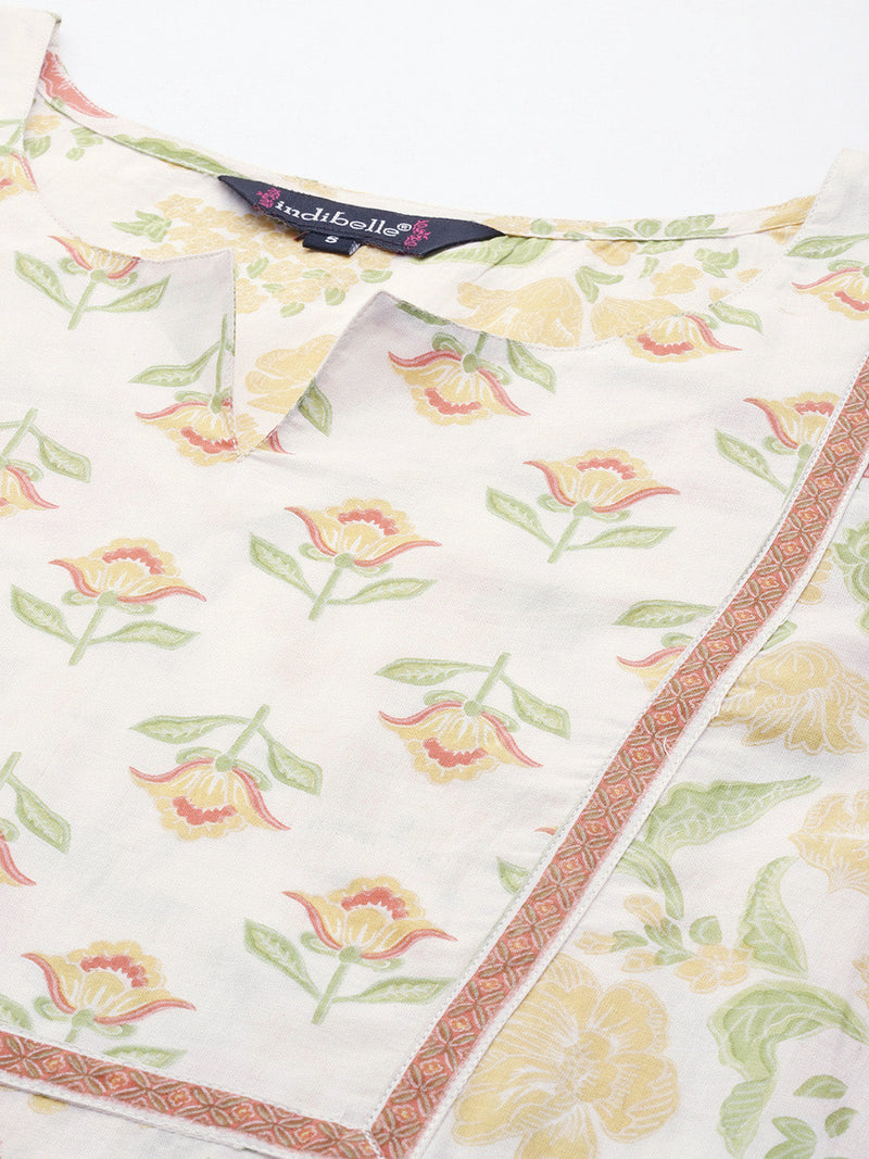 Indibelle Cotton Floral print Straight Kurta With Trousers (Off White)