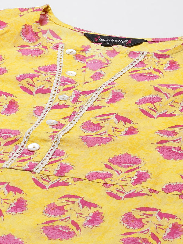 Indibelle Cotton Yellow Floral Print Straight Kurta set