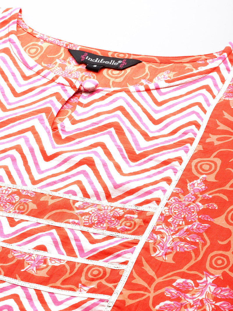 Indibelle Cotton Orange Floral Print Kurta