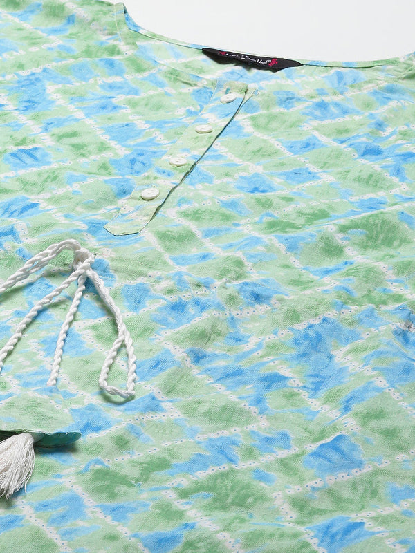 Indibelle Cotton Seagreen Tie Dye Print Kaftan Kurta