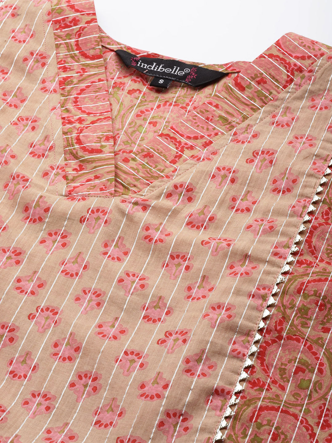 Indibelle Cotton Lurex Peach Pink Floral Print Kurta