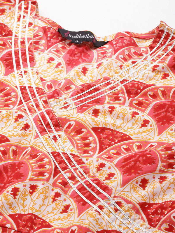 Indibelle Cotton Floral print A-Line Kurta Pant With Dupatta (Peach)