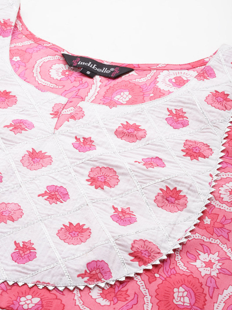 Indibelle Cotton Floral Print Kurta Pant With Dupatta (Pink)