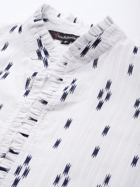 Indibelle Cotton Lurex White Ikat Print Kurta