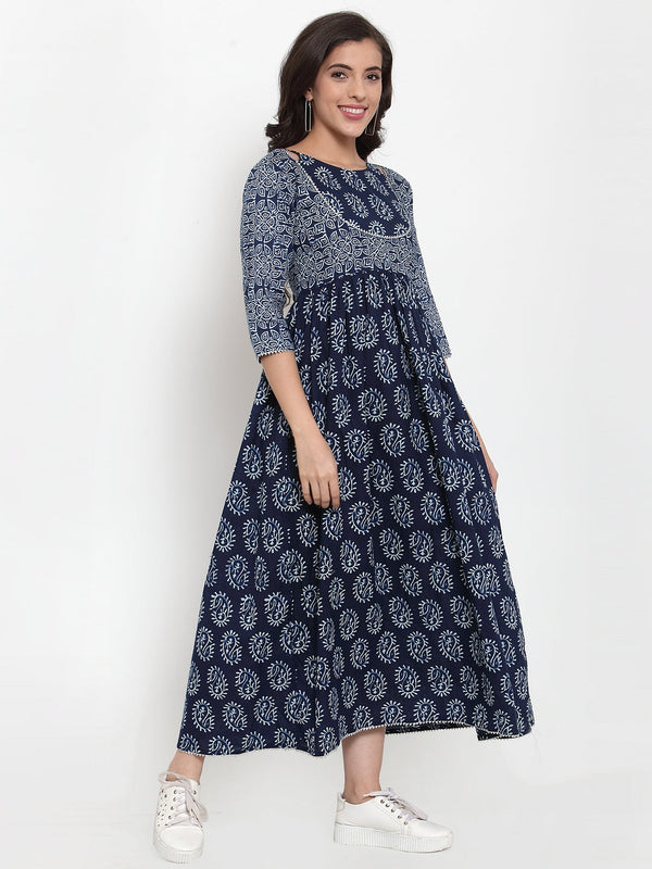 Indibelle Cotton Blue Paisley Print A-Line Dress
