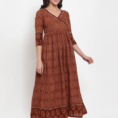 Indibelle Cotton Brown Floral Print A-Line Dress
