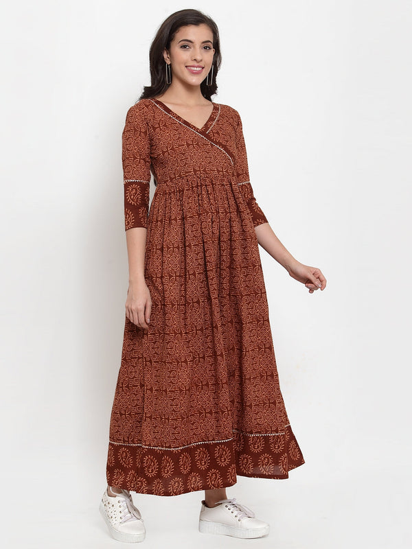 Indibelle Cotton Brown Floral Print A-Line Dress