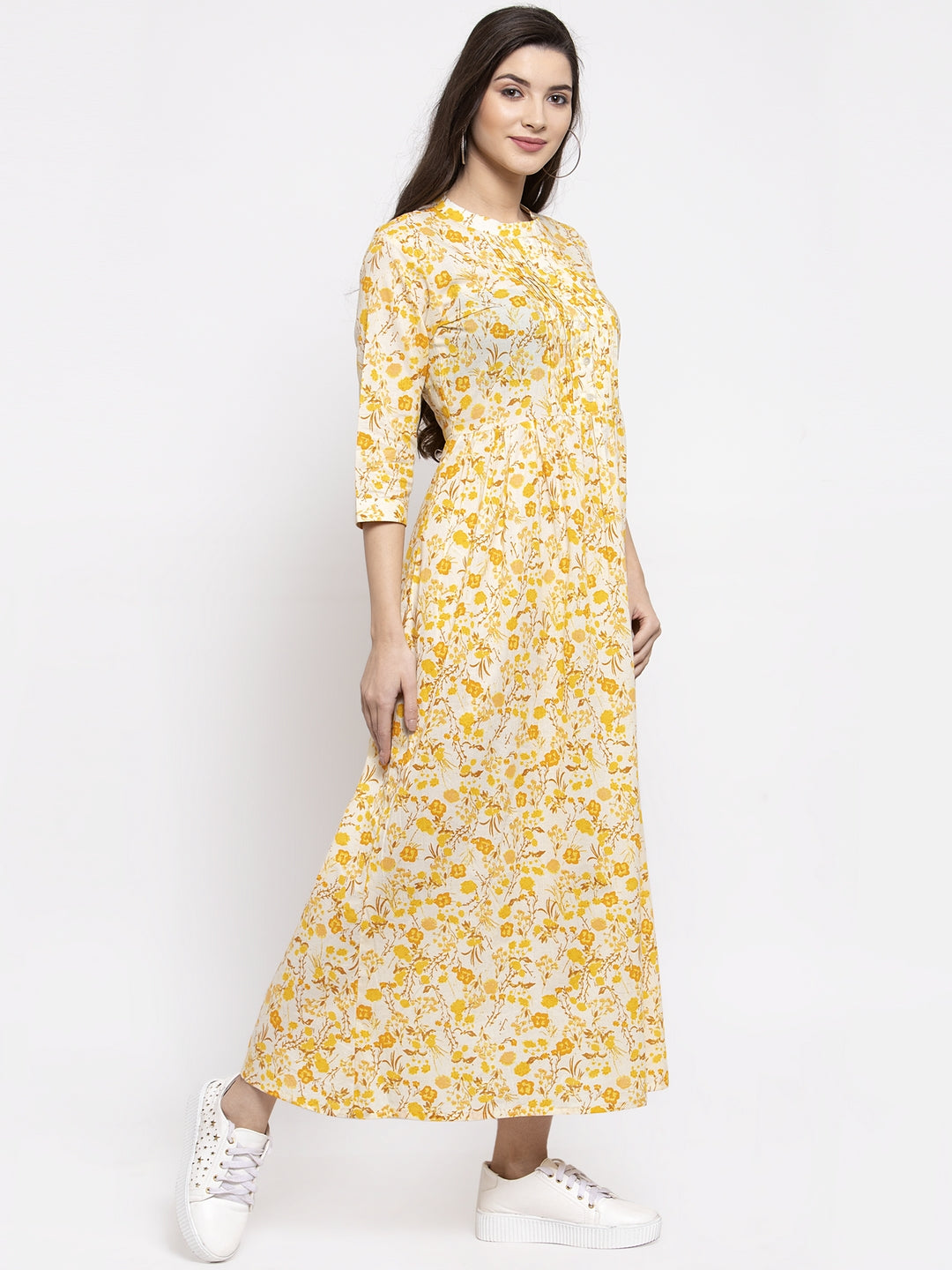 Indibelle cotton yellow floral print yoke pin tacks A-line Kurta