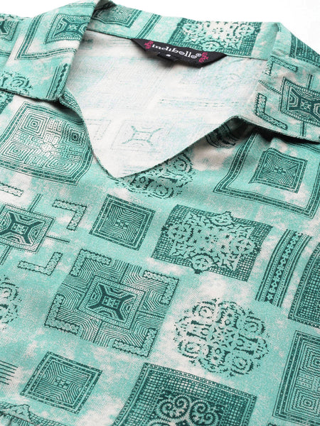 Indibelle Rayon Teal Abstract Print Dress
