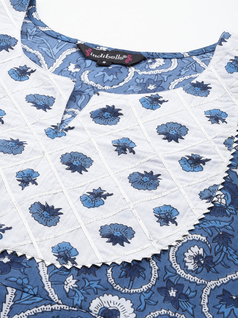 Indibelle Cotton Floral Print Straight Kurta Set (Blue)