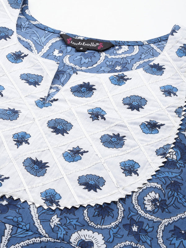 Indibelle Cotton Floral Print Kurta Pant With Dupatta (Blue)