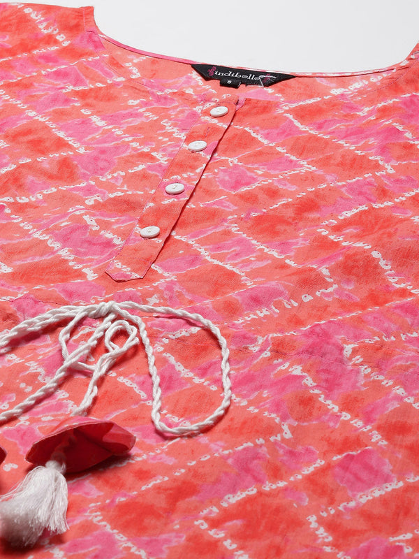 Indibelle Cotton Peach Tie Dye Print Kaftan Kurta set