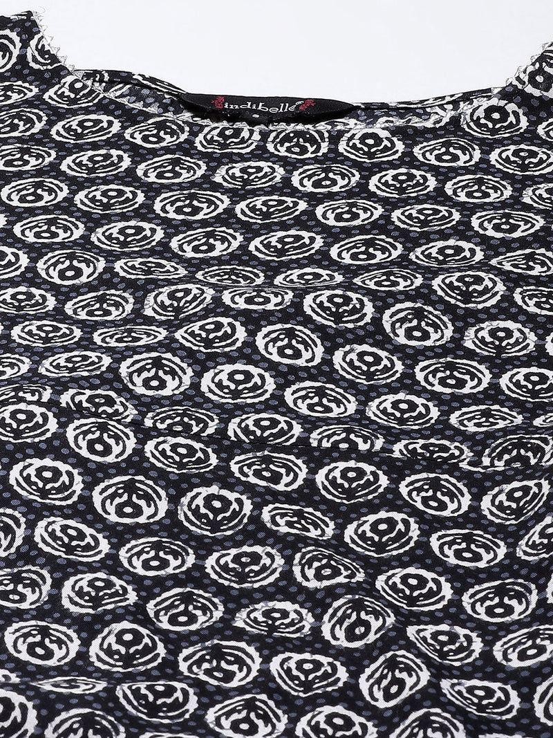 Indibelle Cotton Calf Length Floral Print A-Line Kurta set (Black)