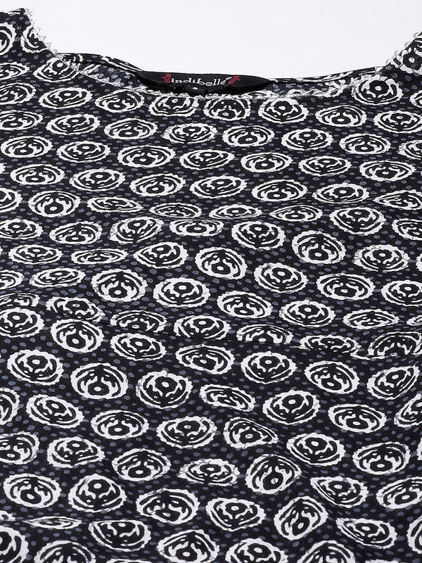 Indibelle Cotton Calf Length Floral Print A-Line Kurta Pant With Dupatta (Black)