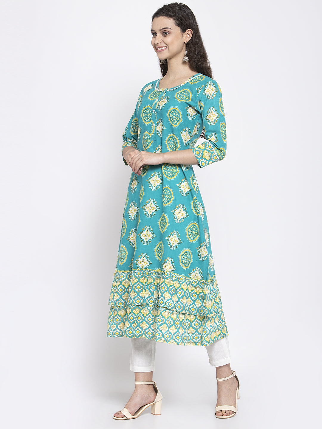 Indibelle Cotton Teal Blue booti print A-Line Kurta set