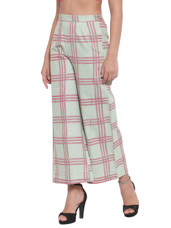 Indibelle Cotton Checkered Printed Plazzo Pants (Sea Green)