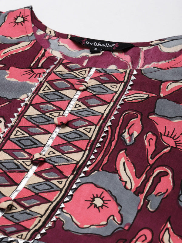 Indibelle Rayon Wine Purple Floral Print Flared Kurta