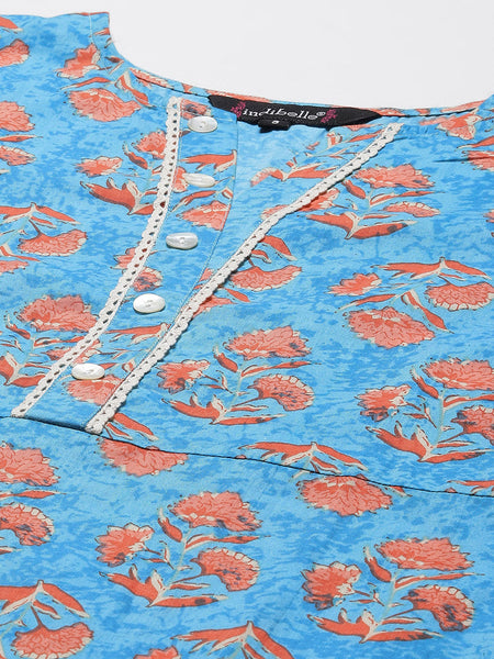 Indibelle Cotton Sky Blue Floral Print Straight Kurta