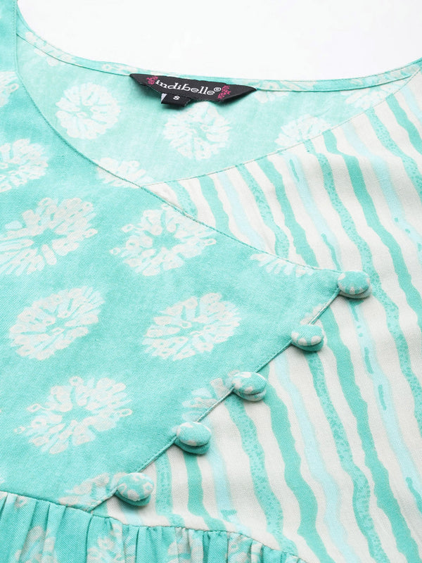 Indibelle Rayon Teal Floral Print Flared Dress