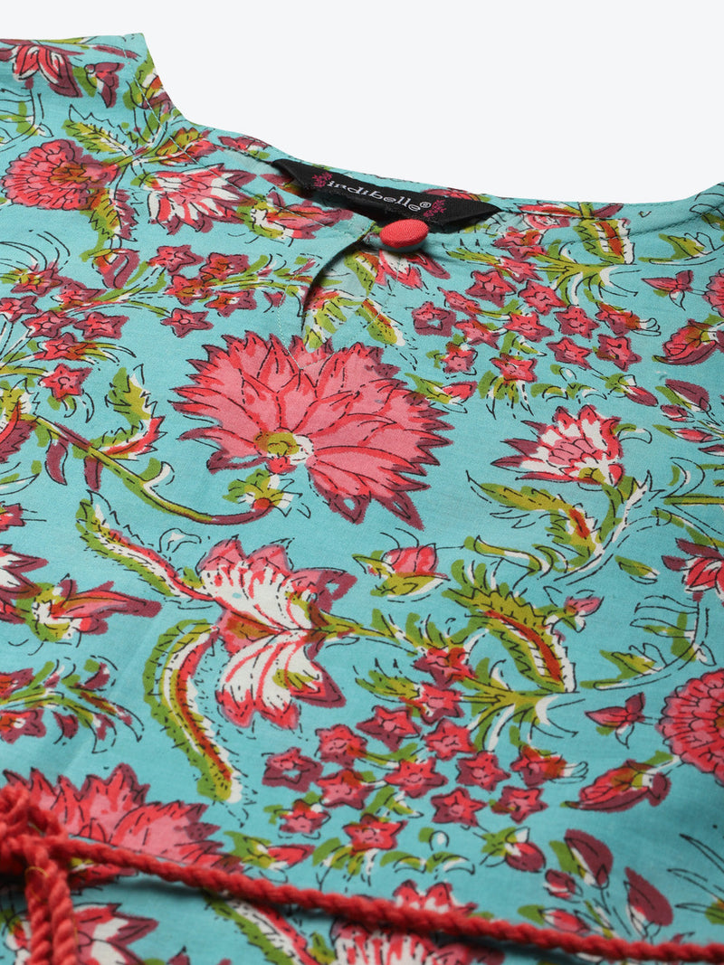 Indibelle Cotton Turquoise Blue Floral Print A-Line Dress