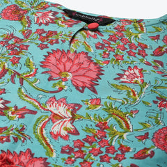 Indibelle Cotton Turquoise Blue Floral Print A-Line Dress
