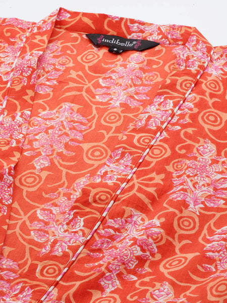 Indibelle Cotton Orange Floral Print Shrug/Cape