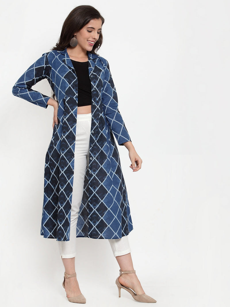 Indibelle Cotton Blue Geomatric Print A-Line ShrugCape