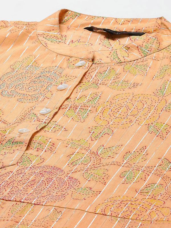 Indibelle Cotton Orange Lurex Floral Print Straight Kurta