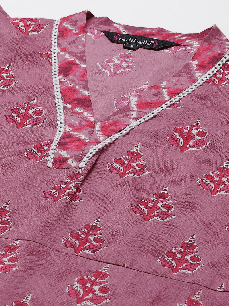Indibelle Cotton Magenta Floral Print Straight Kurta