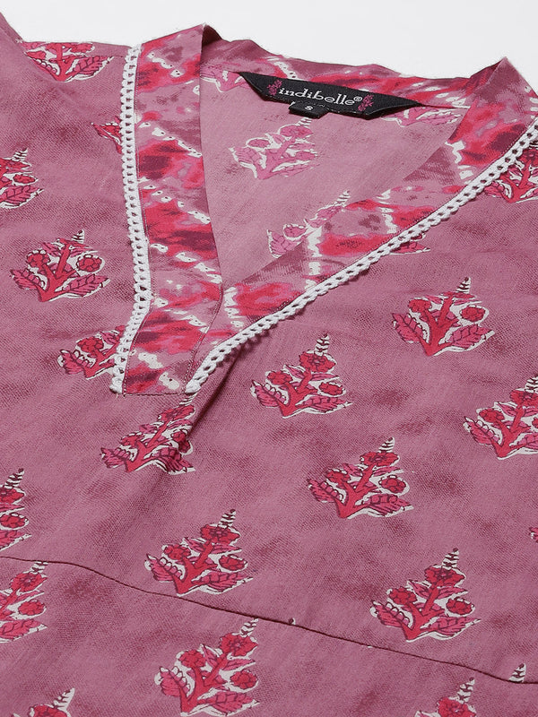 Indibelle Cotton Magenta Floral Print Straight Kurta