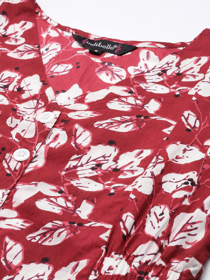Indibelle Cotton Maroon Floral Print A-Line Dress