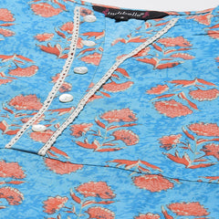 Indibelle Cotton Sky Blue Floral Print Straight Kurta set