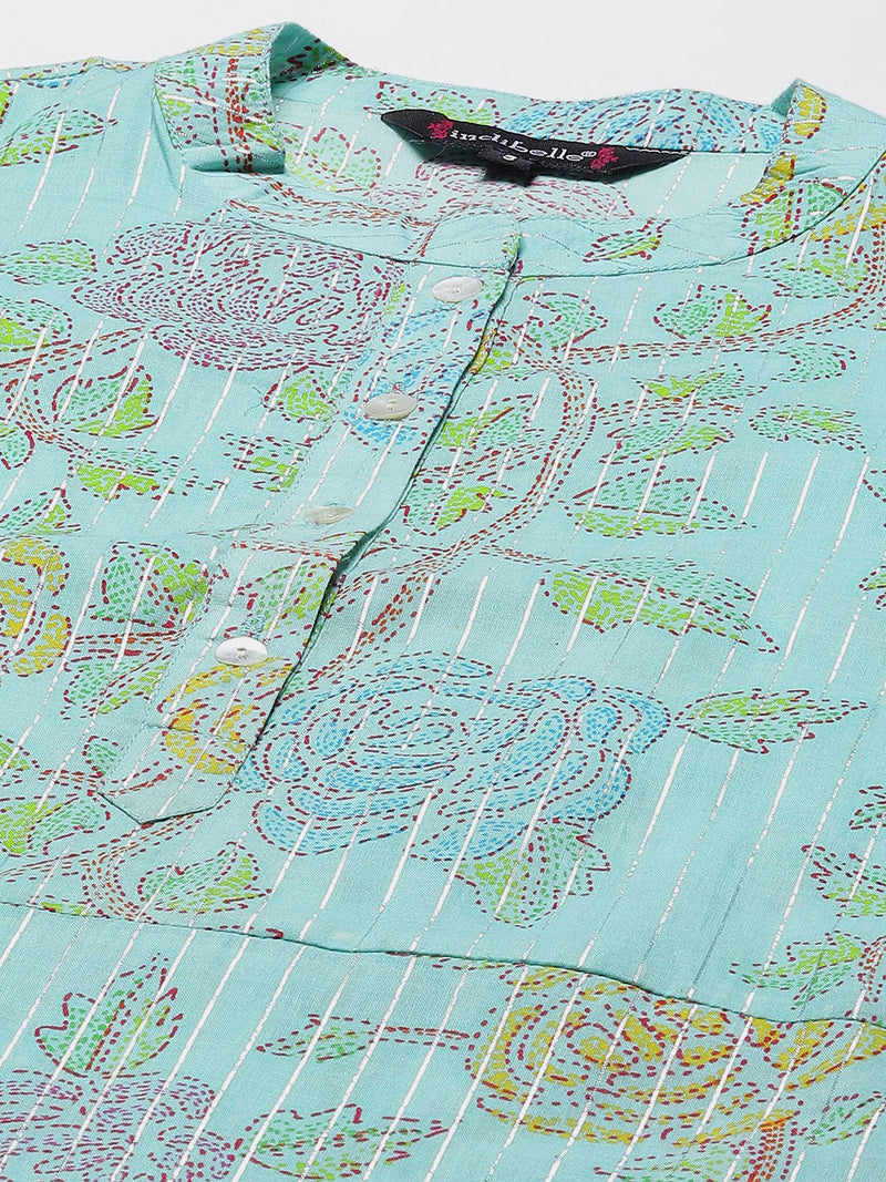 Indibelle Cotton Sea Green Lurex Floral Print Straight Kurta