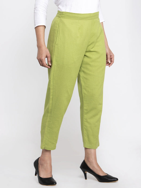 Indibelle Cotton Solid Green Trousers