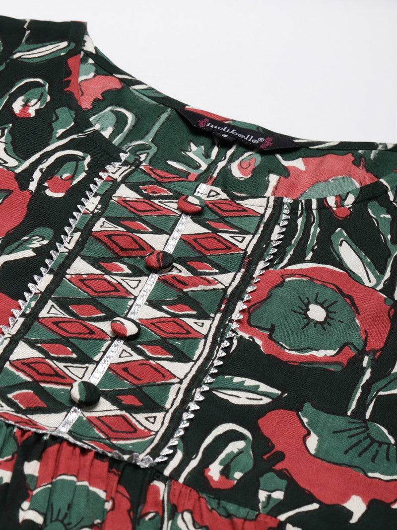Indibelle Rayon Dark Green Floral Print Flared Kurta