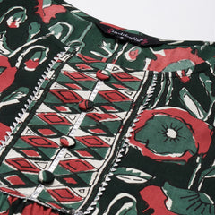 Indibelle Rayon Dark Green Floral Print Flared Kurta