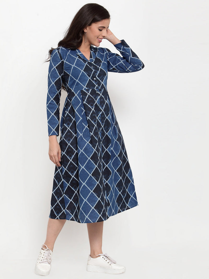 Indibelle Cotton Blue Geometric Print A-Line Dress