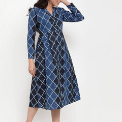 Indibelle Cotton Blue Geometric Print A-Line Dress