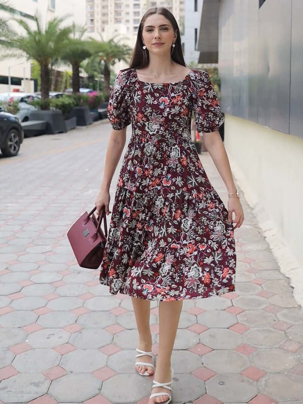 Indibelle Rayon Floral Print Flared Dress (Wine)