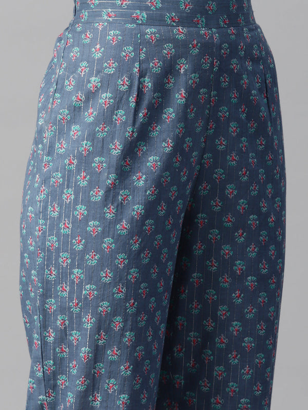 Indibelle Cotton Lurex Blue Pink Floral Print Kurta set