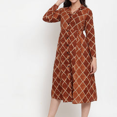 Indibelle Cotton Brown Geometric Print A-Line Dress
