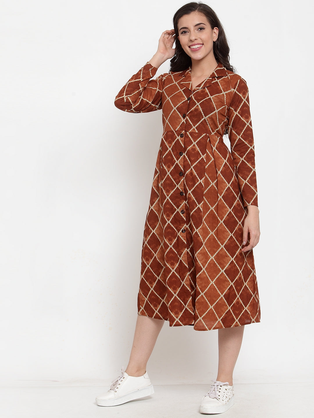 Indibelle Cotton Brown Geometric Print A-Line Dress