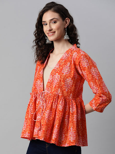Indibelle Cotton Orange Floral Print Shrug/Cape