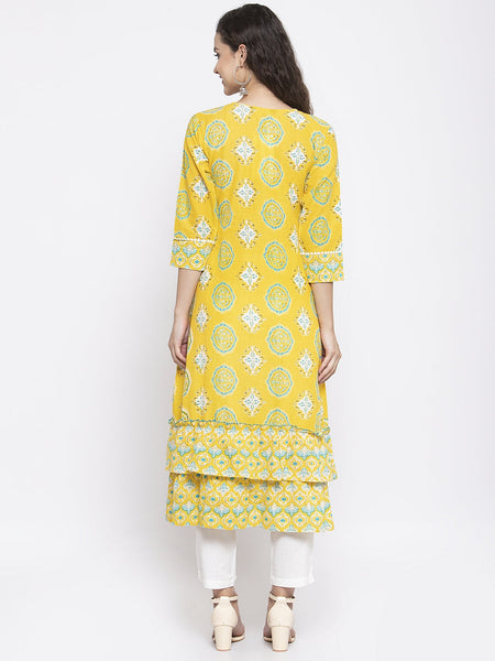 Indibelle Cotton Yellow booti print A-Line Kurta