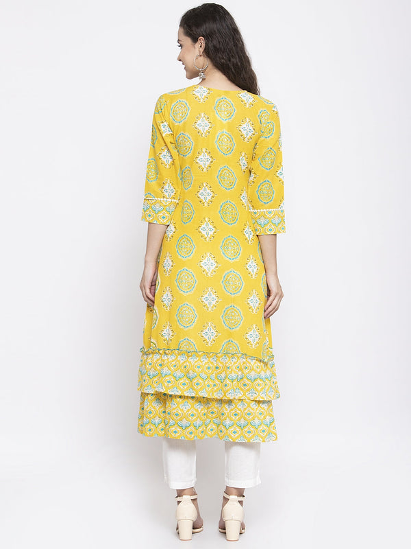 Indibelle Cotton Yellow booti print A-Line Kurta