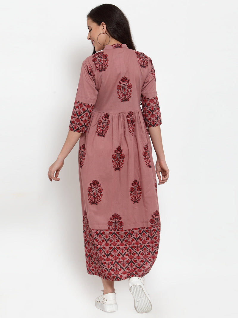 Indibelle cotton Block print A-Line Dress (Purple)
