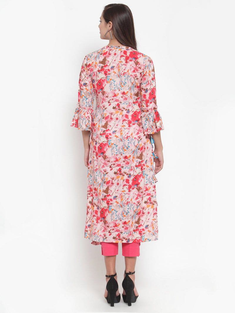Indibelle Women Pink Rayon Slub Abstract Print Straight Kurta